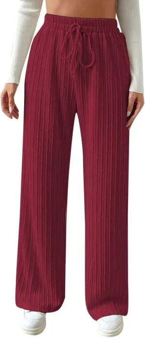 Women's Casual Rib Knit High Elastic Waist Elastic Waist Pant Wide Leg Pant Pants Trousers Plaid Casual Pants for Women
