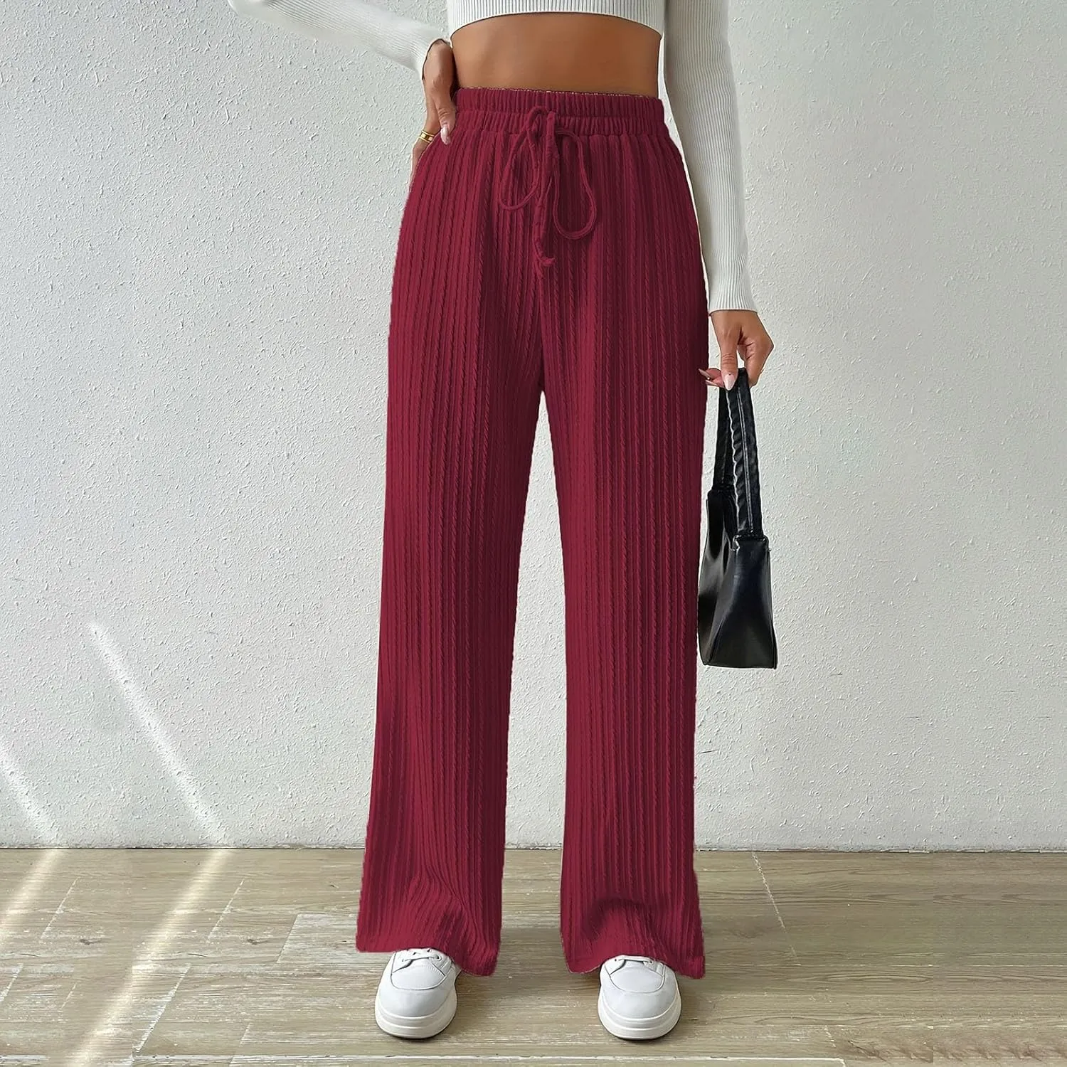 Women's Casual Rib Knit High Elastic Waist Elastic Waist Pant Wide Leg Pant Pants Trousers Plaid Casual Pants for Women
