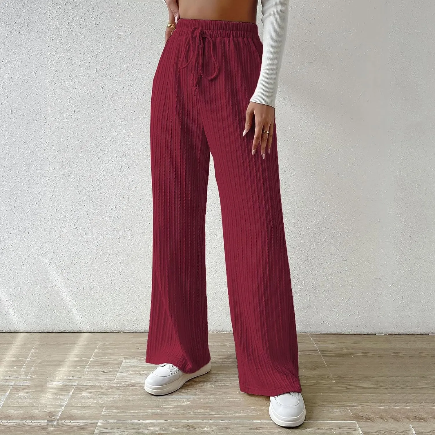 Women's Casual Rib Knit High Elastic Waist Elastic Waist Pant Wide Leg Pant Pants Trousers Plaid Casual Pants for Women