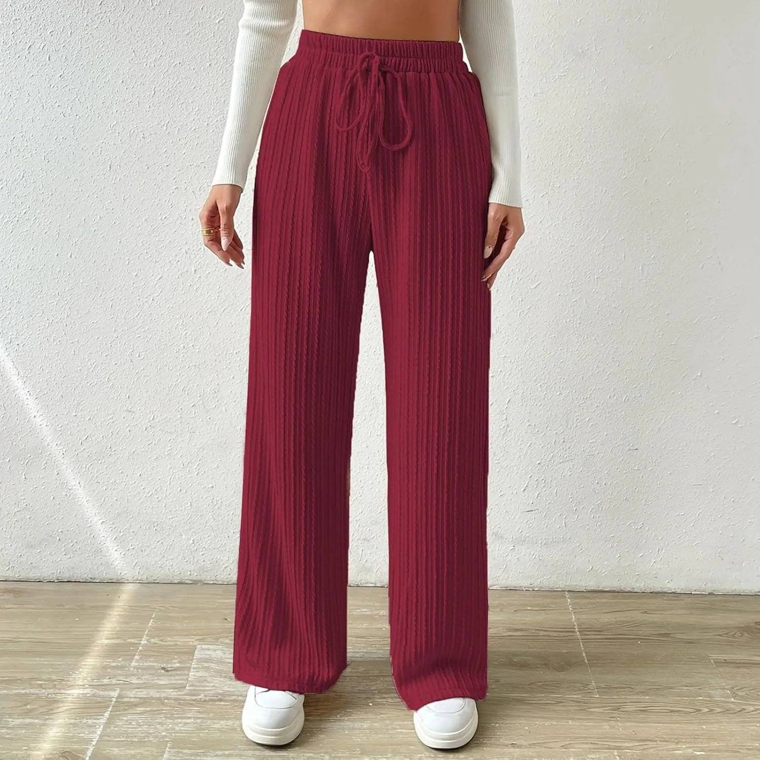 Women's Casual Rib Knit High Elastic Waist Elastic Waist Pant Wide Leg Pant Pants Trousers Plaid Casual Pants for Women