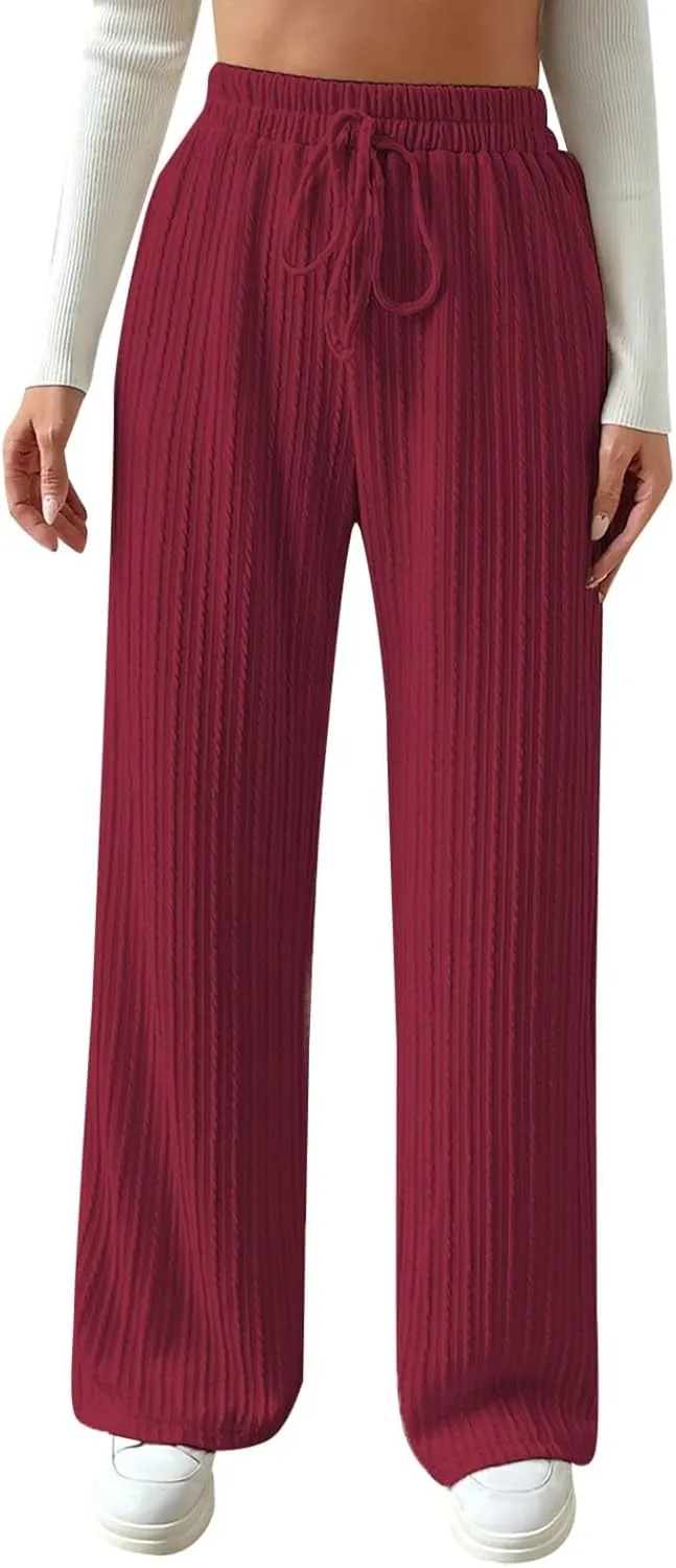 Women's Casual Rib Knit High Elastic Waist Elastic Waist Pant Wide Leg Pant Pants Trousers Plaid Casual Pants for Women