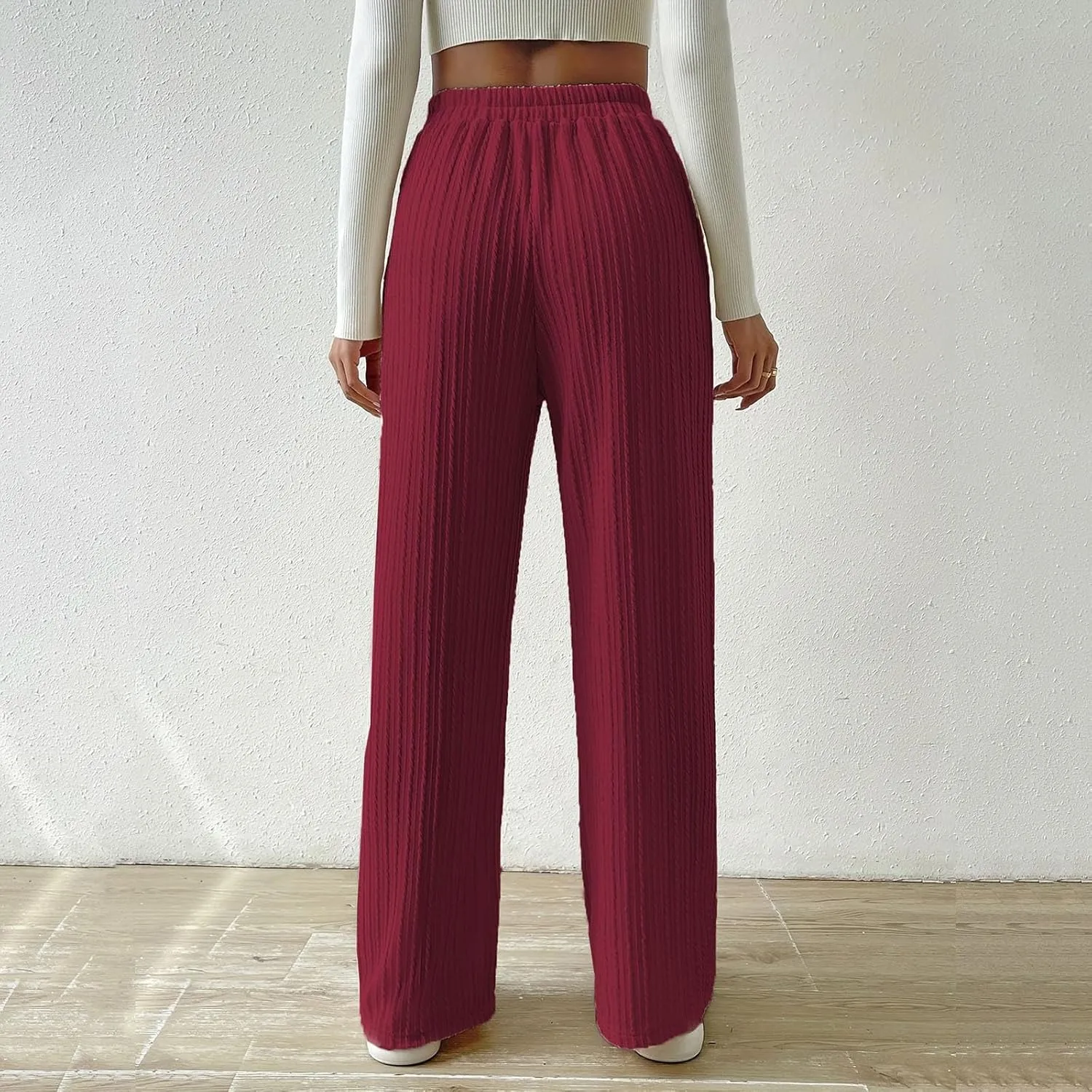 Women's Casual Rib Knit High Elastic Waist Elastic Waist Pant Wide Leg Pant Pants Trousers Plaid Casual Pants for Women