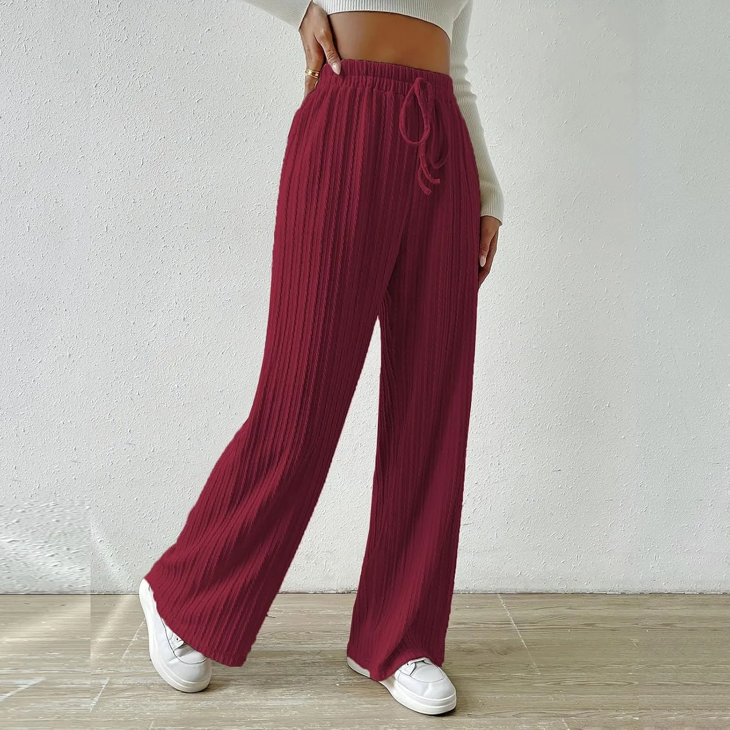 Women's Casual Rib Knit High Elastic Waist Elastic Waist Pant Wide Leg Pant Pants Trousers Plaid Casual Pants for Women