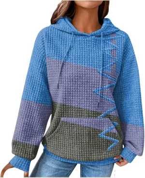 Women's Causal Oversized Cotton Hoodies Long Sleeve Pullover Color Hooded Pactchwork Sweatshirt Autumn & Winter