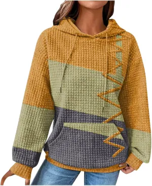 Women's Causal Oversized Cotton Hoodies Long Sleeve Pullover Color Hooded Pactchwork Sweatshirt Autumn & Winter