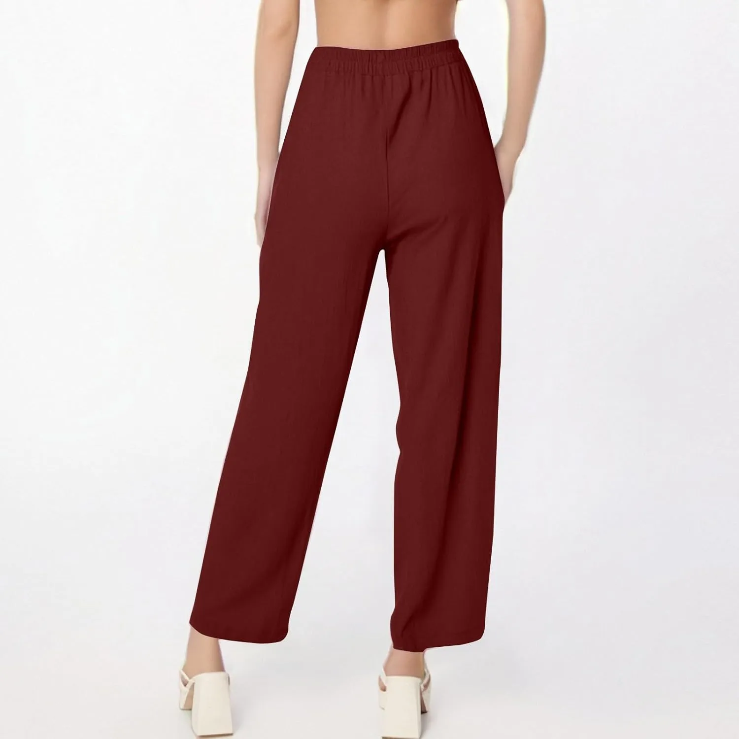 Womens Palazzo Pants Casual Beach Linen Pants High Waist Summer Casual Wide Leg Pant Loose Trouser with Pockets