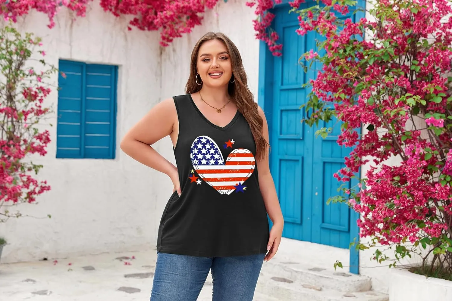 Women's Plus Size Tank Tops Sleeveless Shirt Sexy V Neck Summer Loose Baggy Floral Shirt Clothes