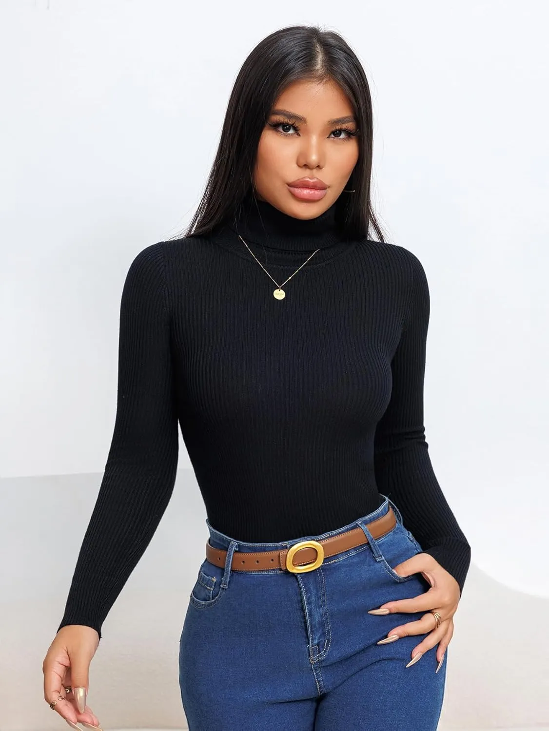 Women's Ribbed Turtleneck Fitted Long Sleeve Shirts Basic Thermal Layering Tops