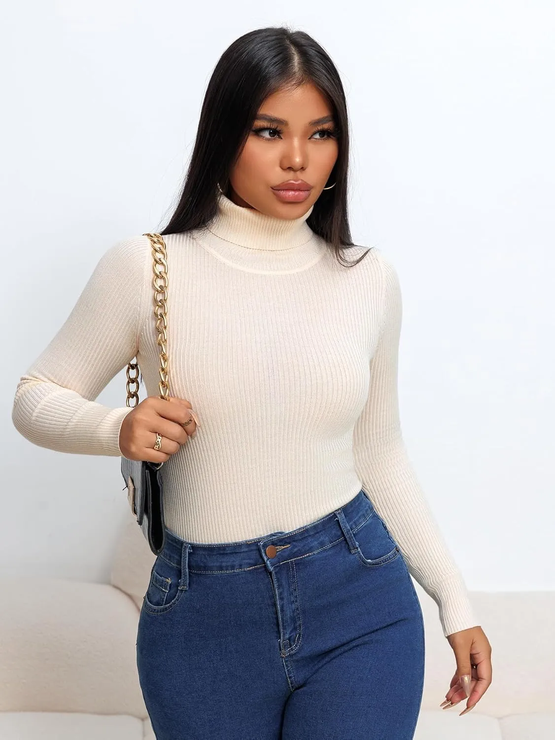 Women's Ribbed Turtleneck Fitted Long Sleeve Shirts Basic Thermal Layering Tops