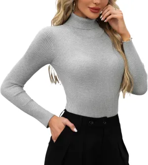 Women's Ribbed Turtleneck Fitted Long Sleeve Shirts Basic Thermal Layering Tops