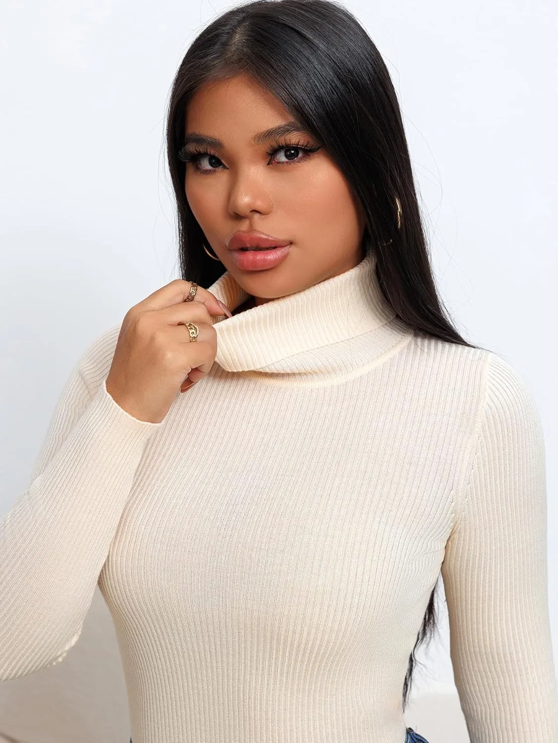 Women's Ribbed Turtleneck Fitted Long Sleeve Shirts Basic Thermal Layering Tops