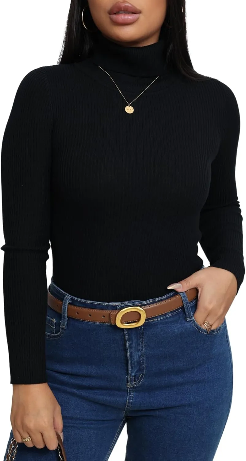 Women's Ribbed Turtleneck Fitted Long Sleeve Shirts Basic Thermal Layering Tops