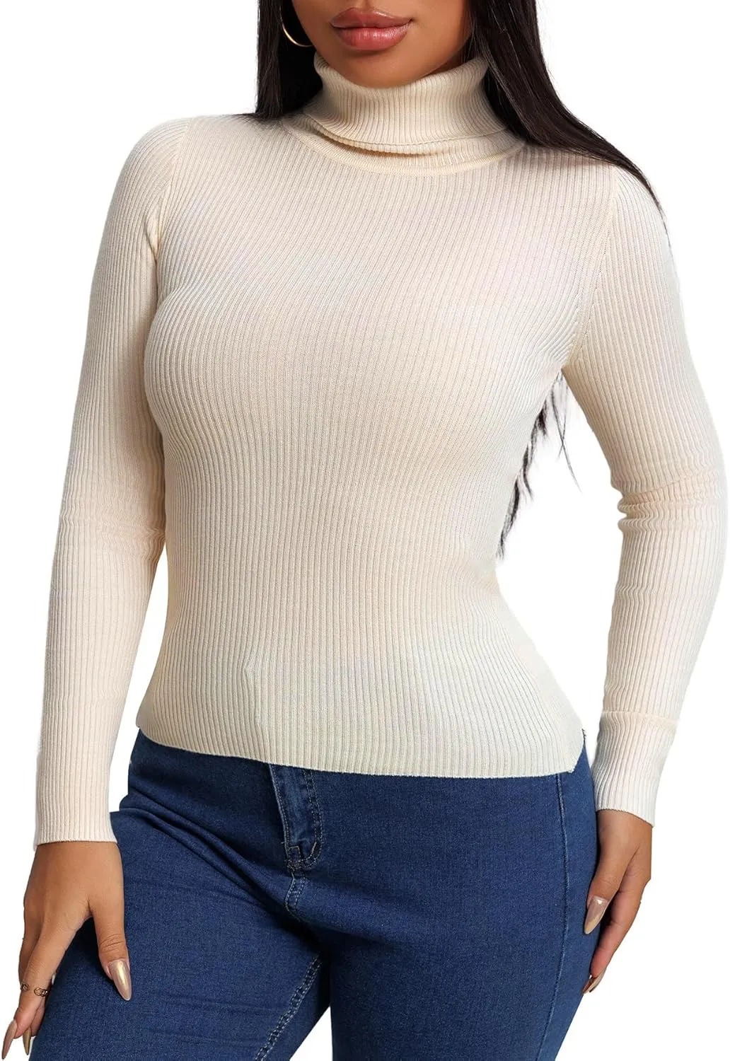 Women's Ribbed Turtleneck Fitted Long Sleeve Shirts Basic Thermal Layering Tops