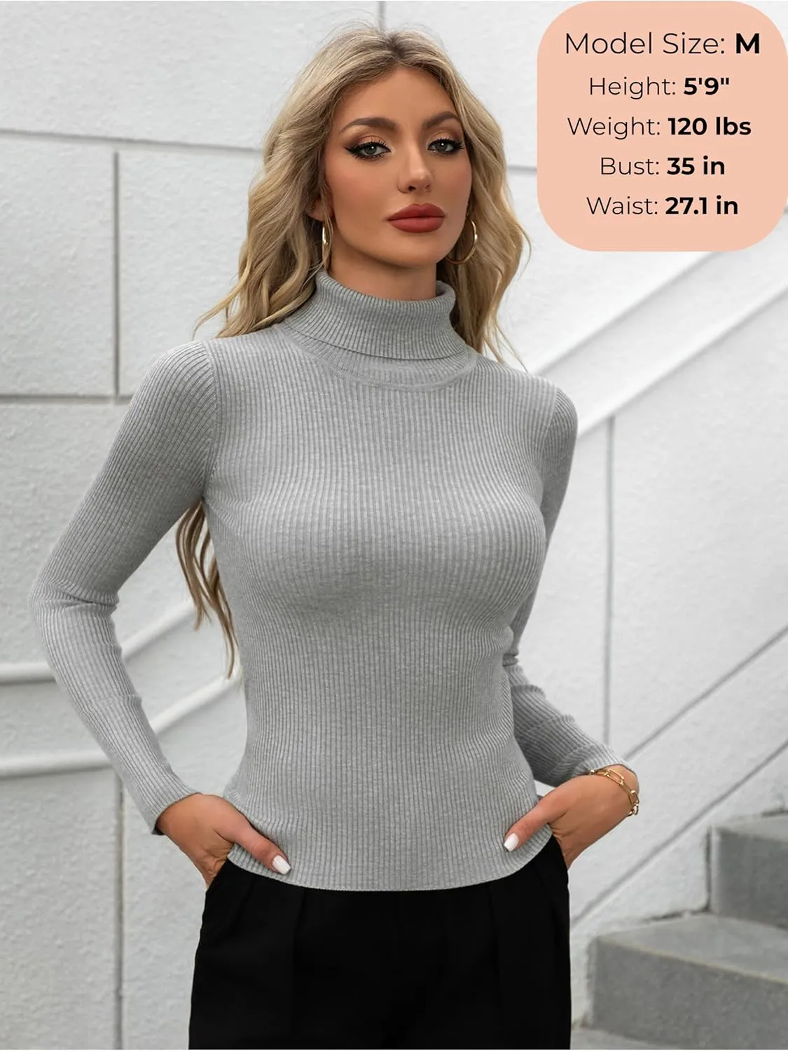 Women's Ribbed Turtleneck Fitted Long Sleeve Shirts Basic Thermal Layering Tops