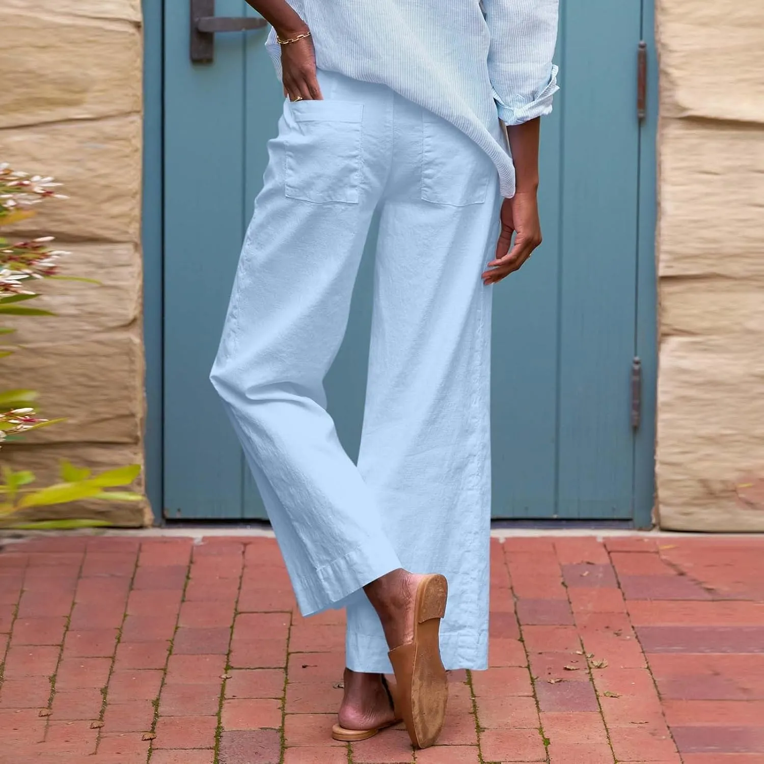 Womens Wide Leg Linen Pants Elastic High Waist Cropped Pants Summer Business Casual Work Pants with Pockets