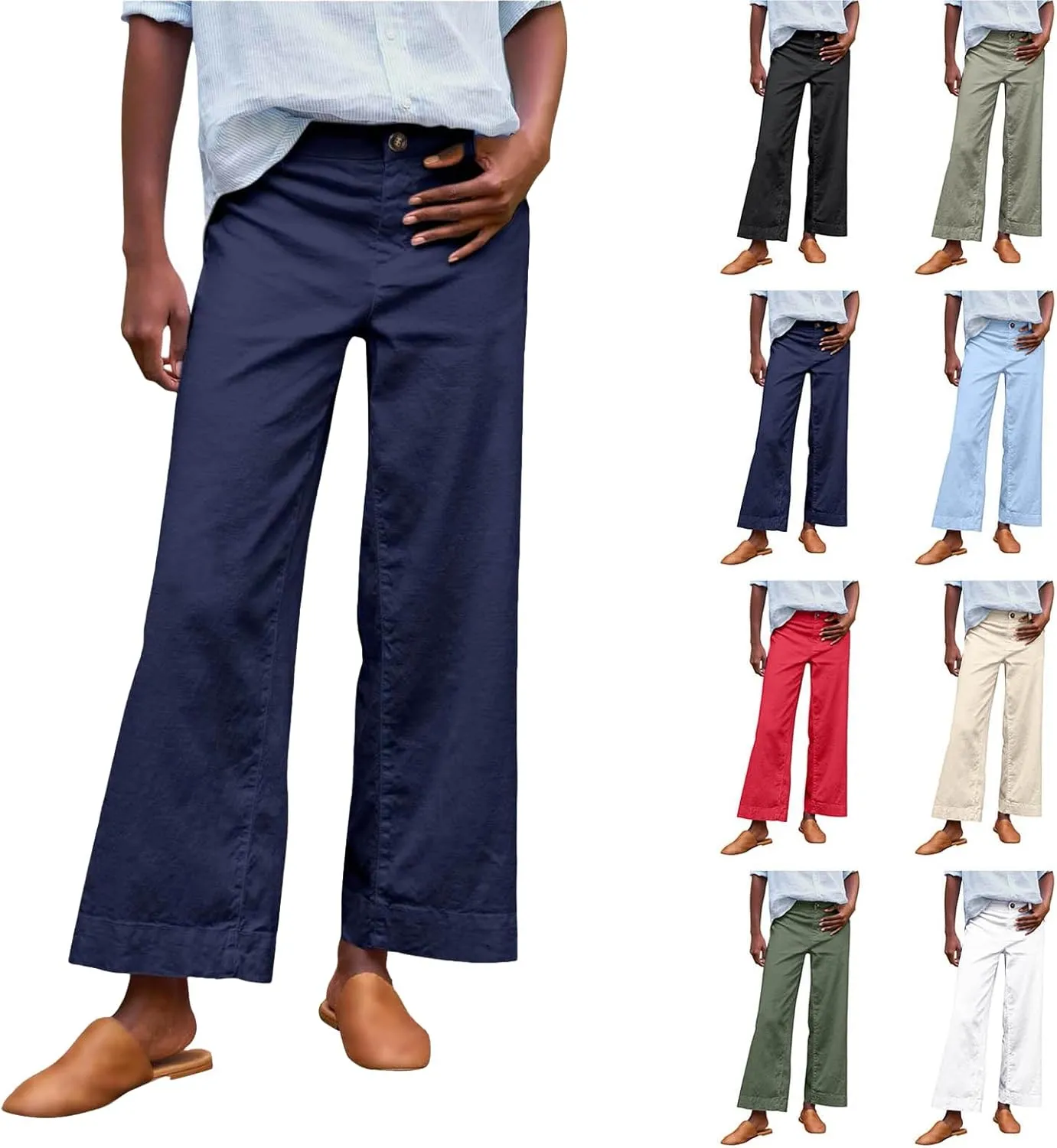 Womens Wide Leg Linen Pants Elastic High Waist Cropped Pants Summer Business Casual Work Pants with Pockets
