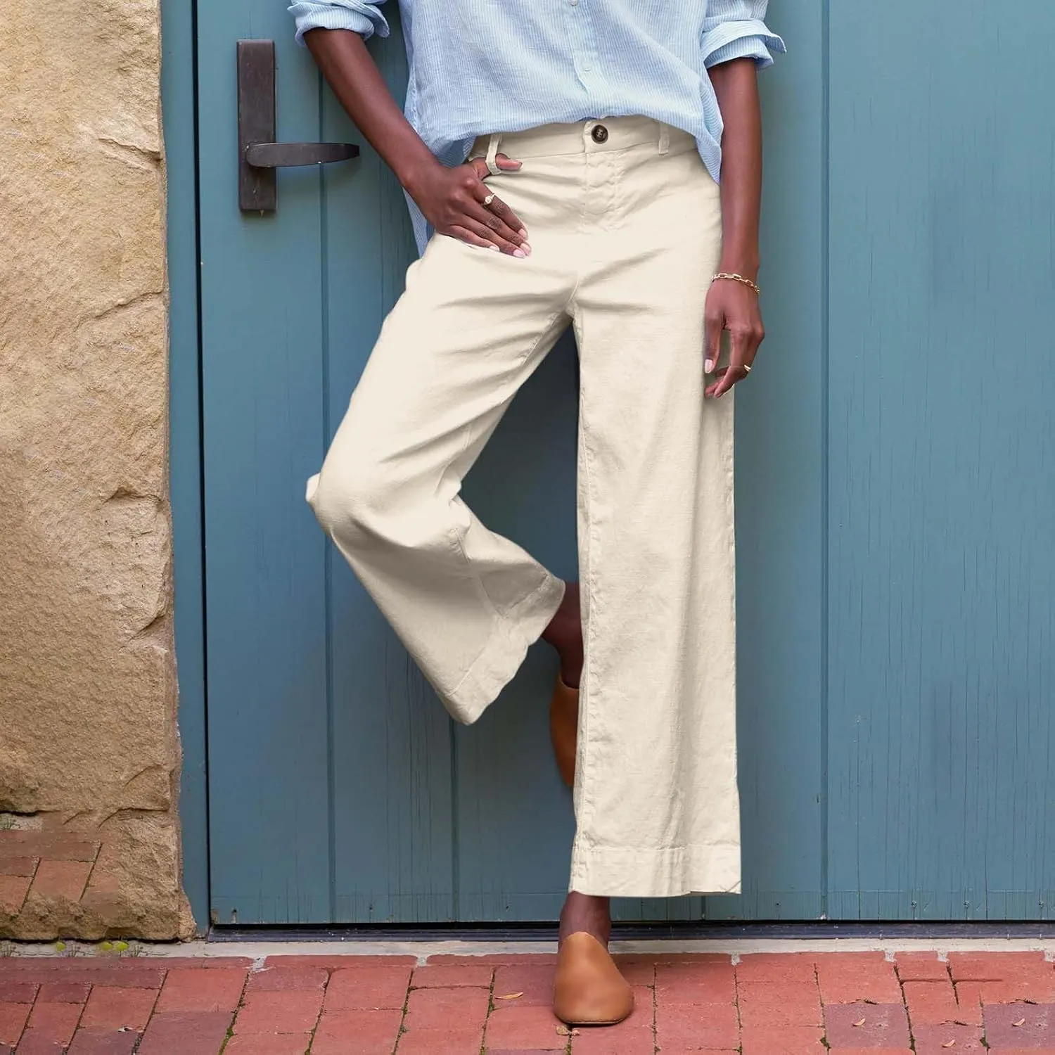 Womens Wide Leg Linen Pants Elastic High Waist Cropped Pants Summer Business Casual Work Pants with Pockets