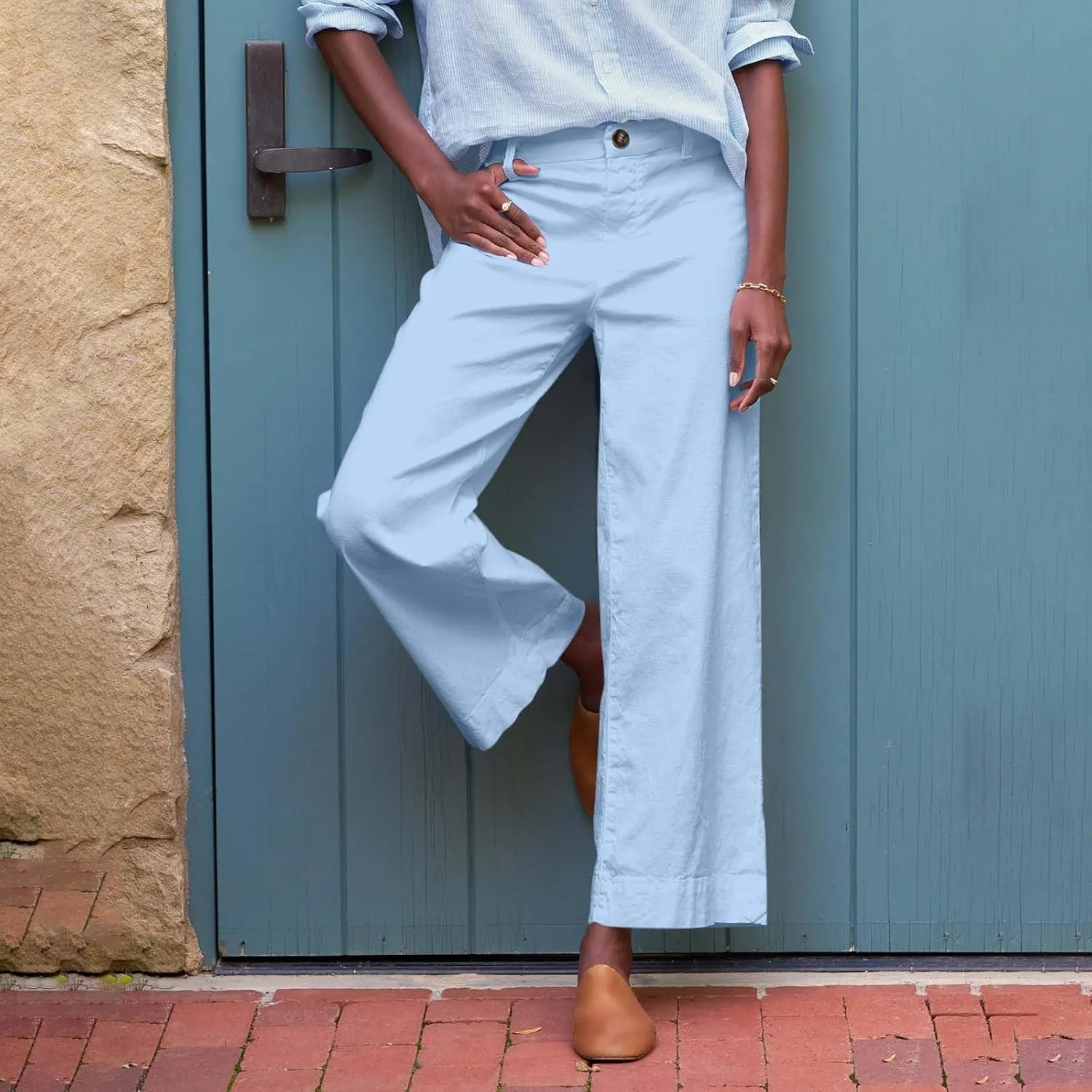 Womens Wide Leg Linen Pants Elastic High Waist Cropped Pants Summer Business Casual Work Pants with Pockets