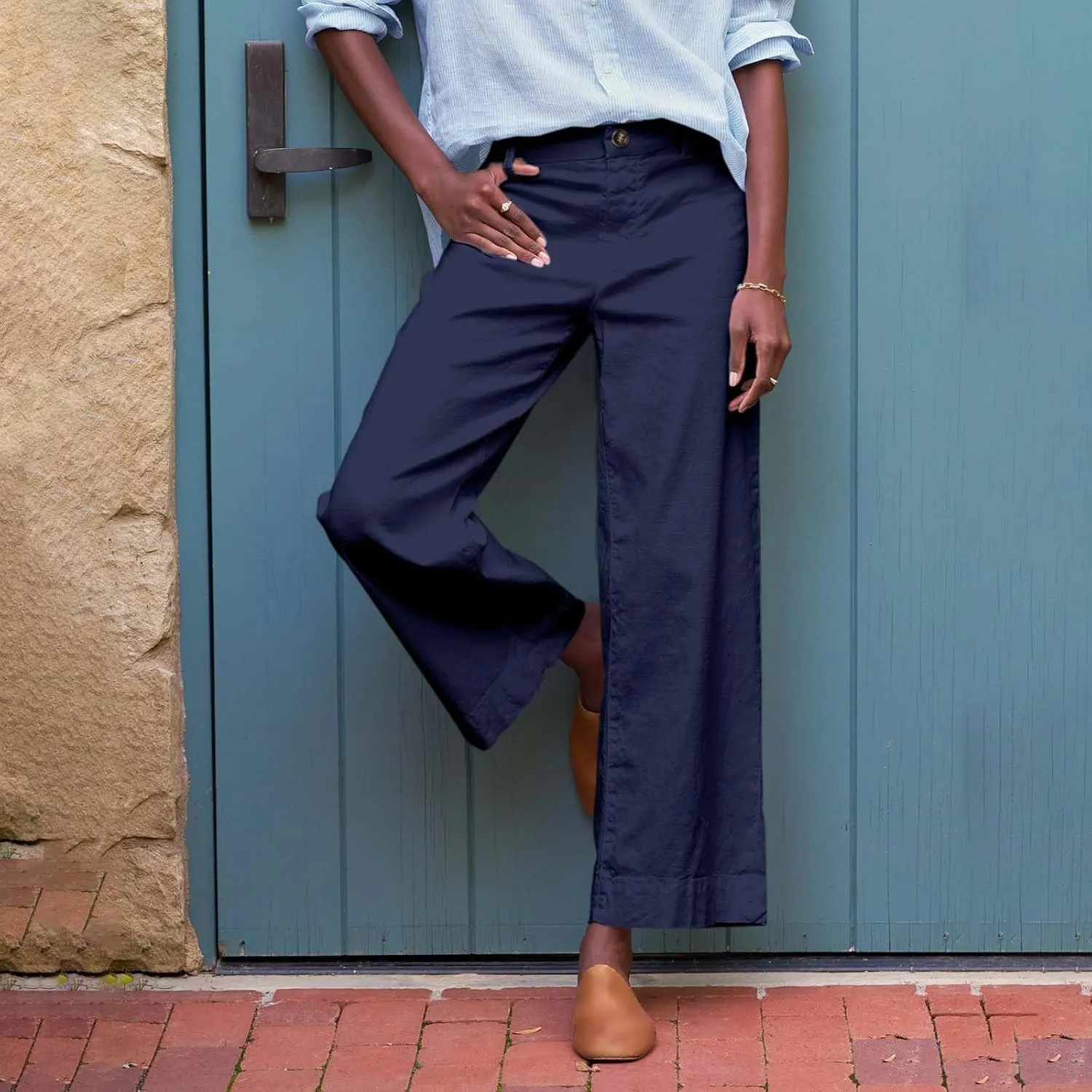 Womens Wide Leg Linen Pants Elastic High Waist Cropped Pants Summer Business Casual Work Pants with Pockets