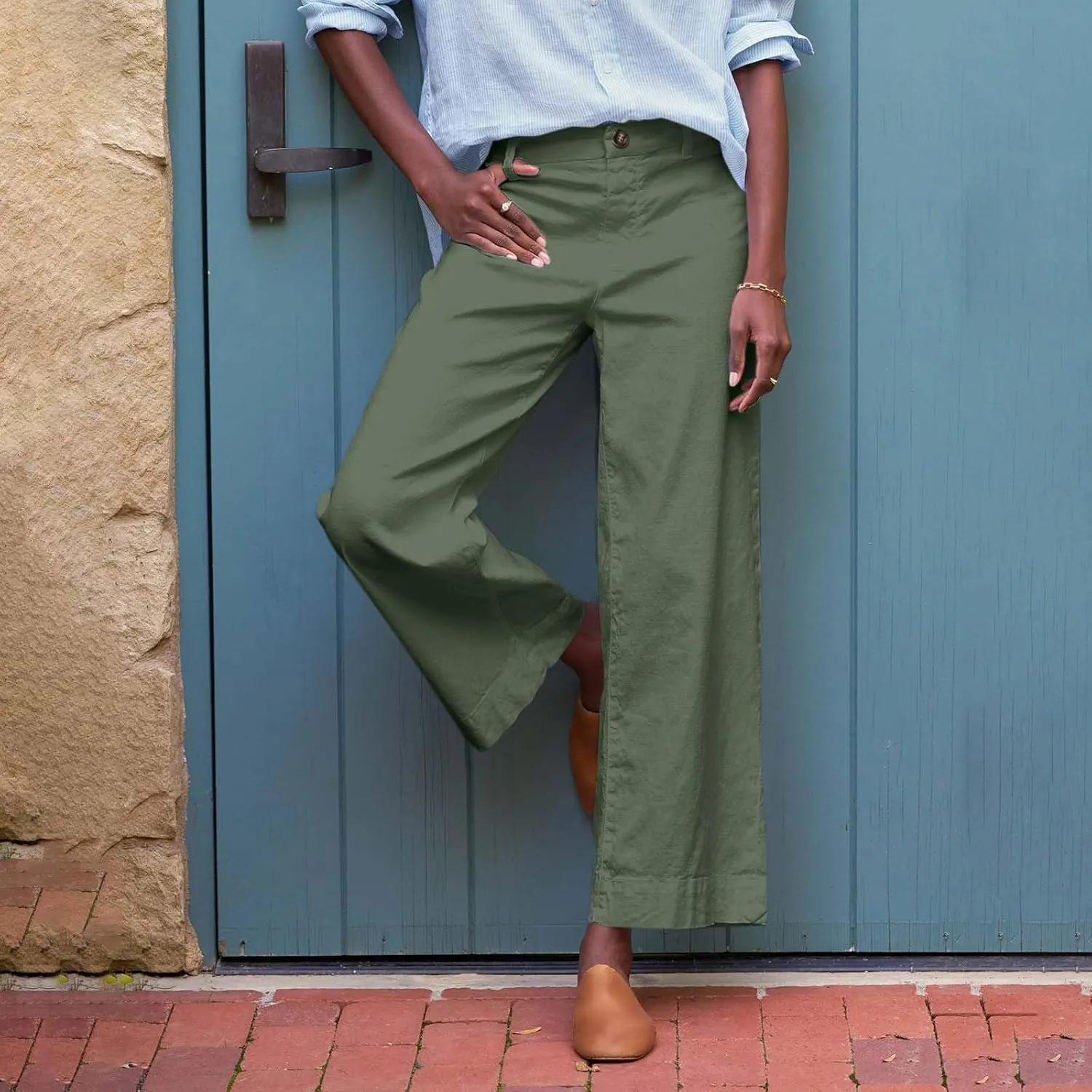 Womens Wide Leg Linen Pants Elastic High Waist Cropped Pants Summer Business Casual Work Pants with Pockets