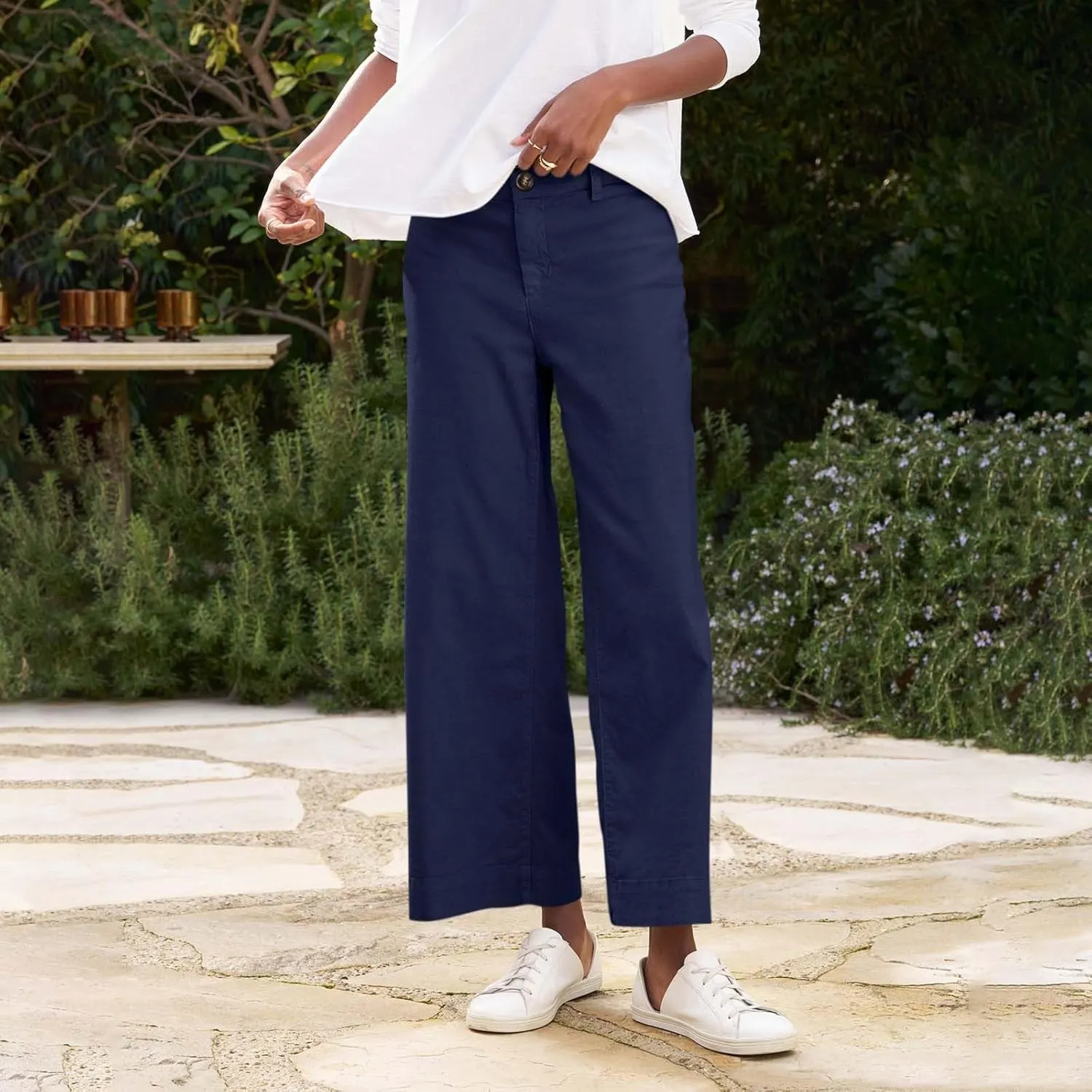 Womens Wide Leg Linen Pants Elastic High Waist Cropped Pants Summer Business Casual Work Pants with Pockets