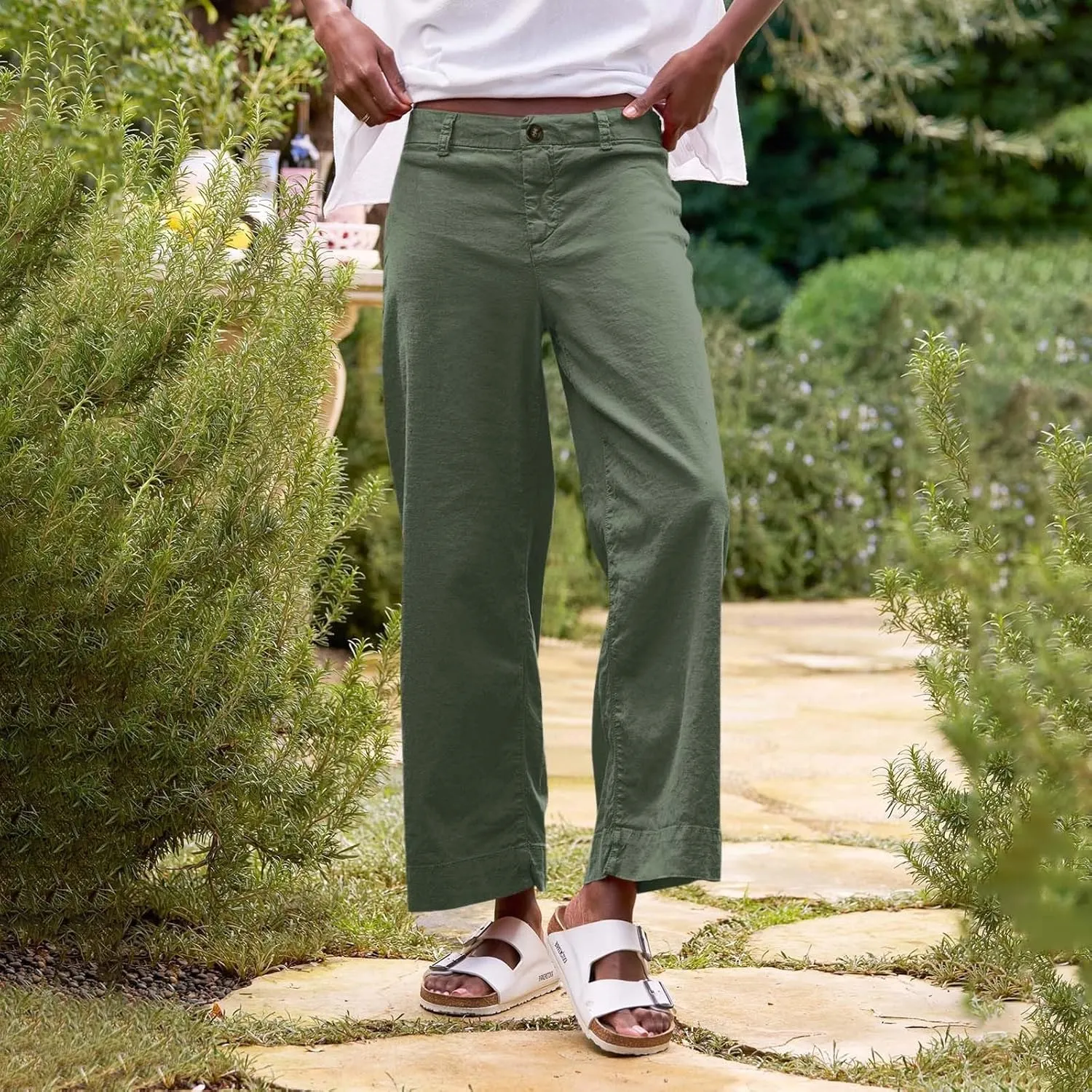 Womens Wide Leg Linen Pants Elastic High Waist Cropped Pants Summer Business Casual Work Pants with Pockets