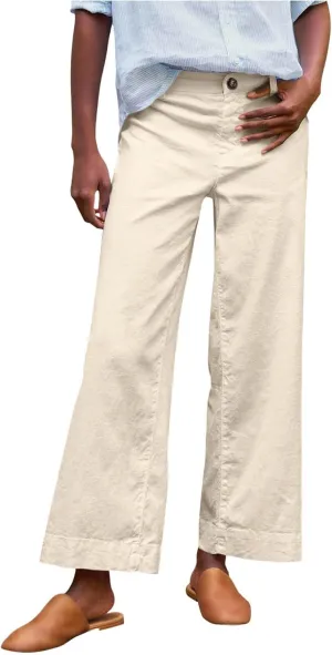 Womens Wide Leg Linen Pants Elastic High Waist Cropped Pants Summer Business Casual Work Pants with Pockets