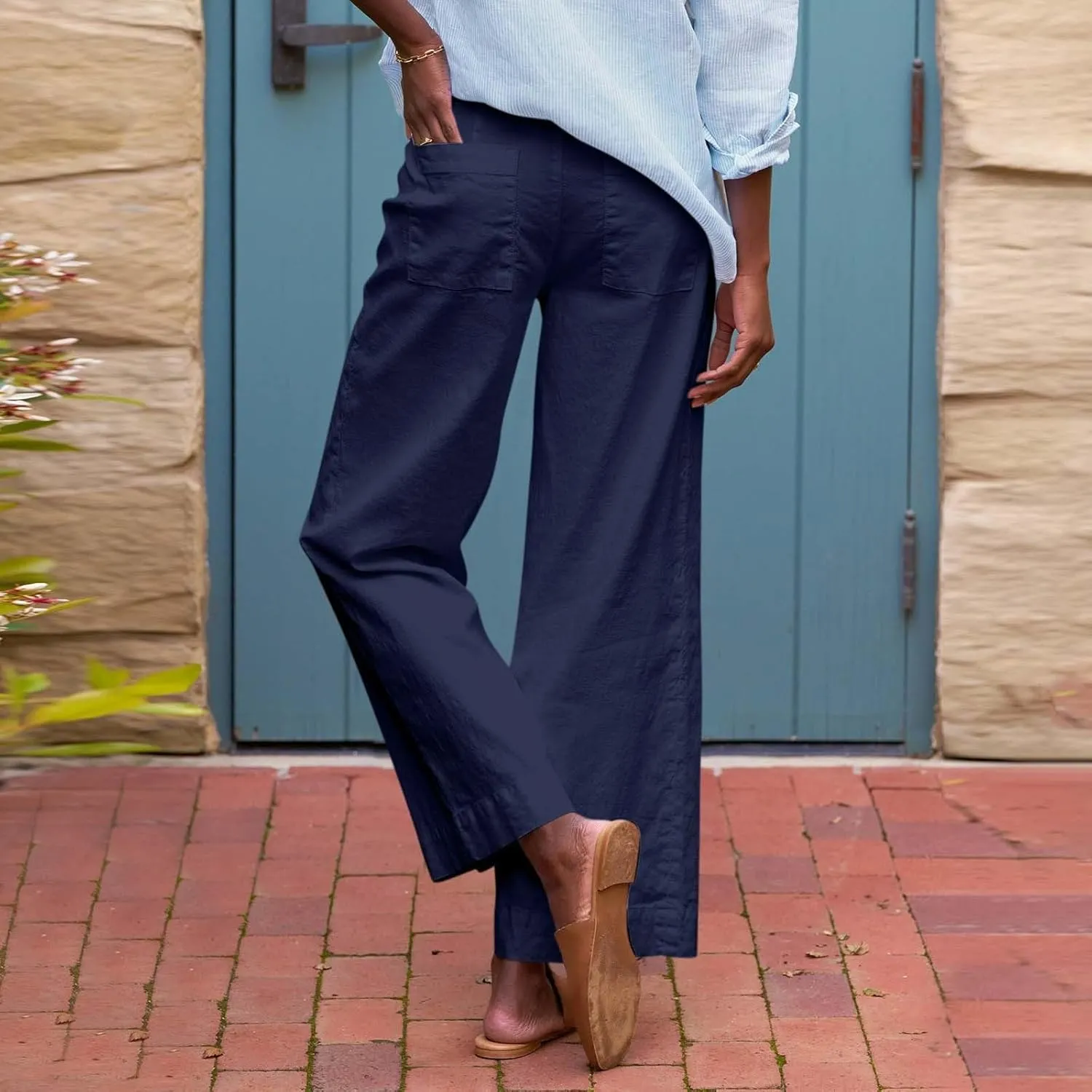 Womens Wide Leg Linen Pants Elastic High Waist Cropped Pants Summer Business Casual Work Pants with Pockets