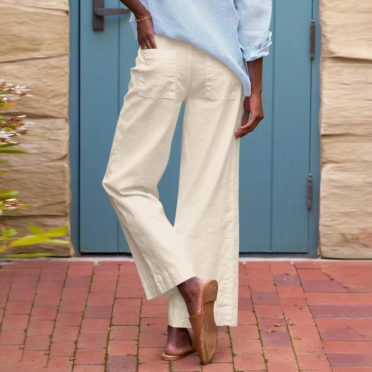 Womens Wide Leg Linen Pants Elastic High Waist Cropped Pants Summer Business Casual Work Pants with Pockets