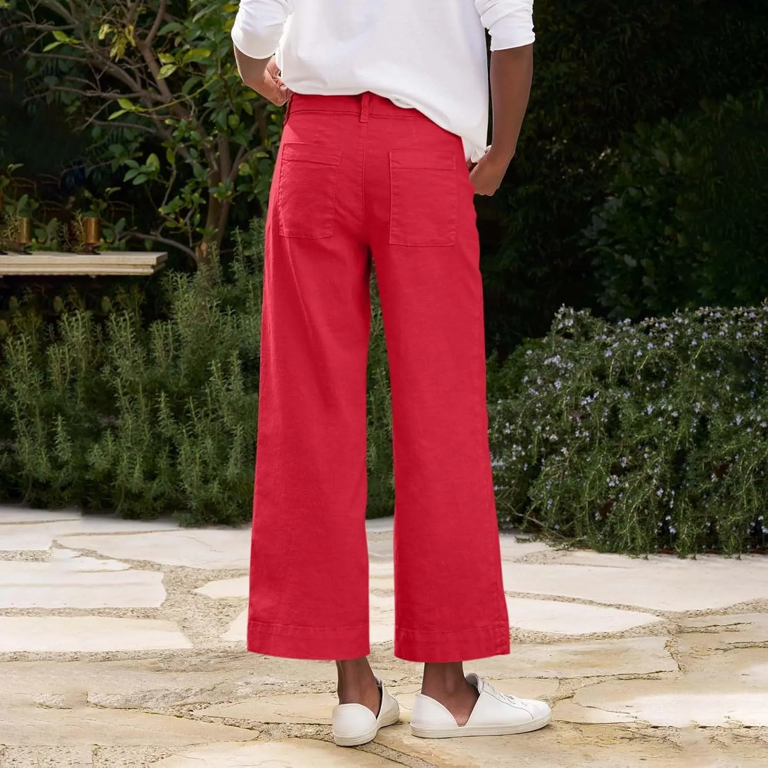 Womens Wide Leg Linen Pants Elastic High Waist Cropped Pants Summer Business Casual Work Pants with Pockets