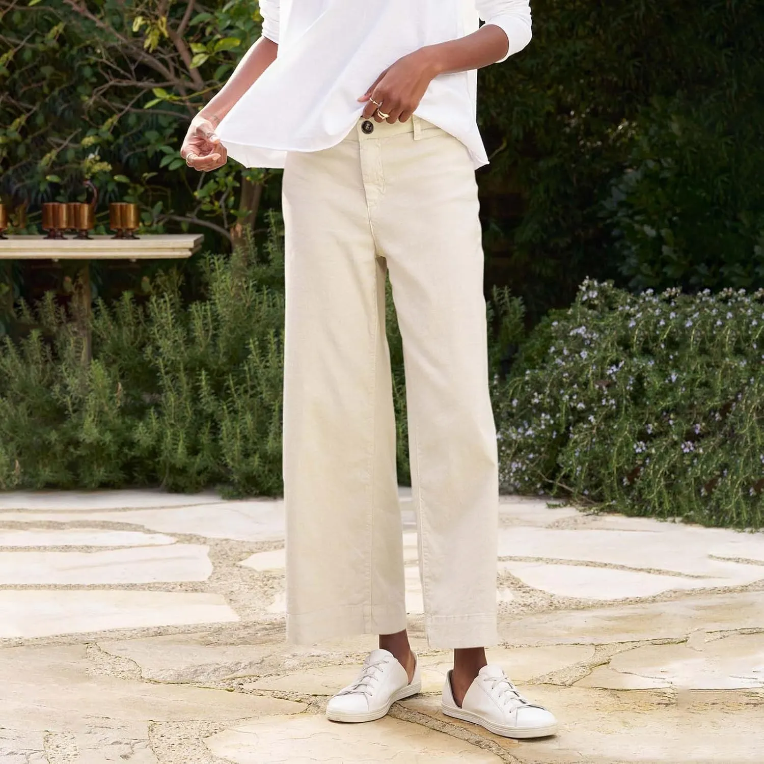 Womens Wide Leg Linen Pants Elastic High Waist Cropped Pants Summer Business Casual Work Pants with Pockets