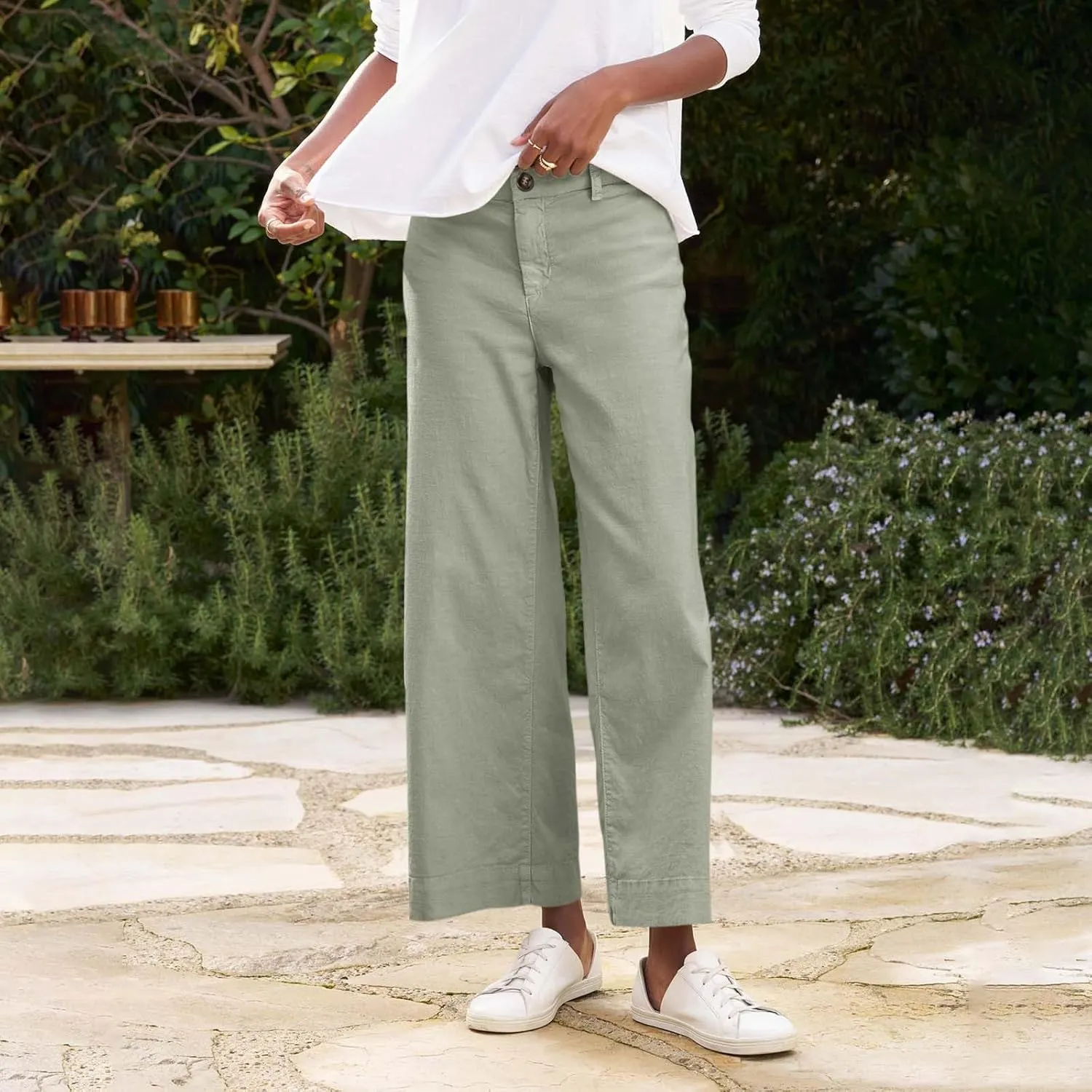 Womens Wide Leg Linen Pants Elastic High Waist Cropped Pants Summer Business Casual Work Pants with Pockets