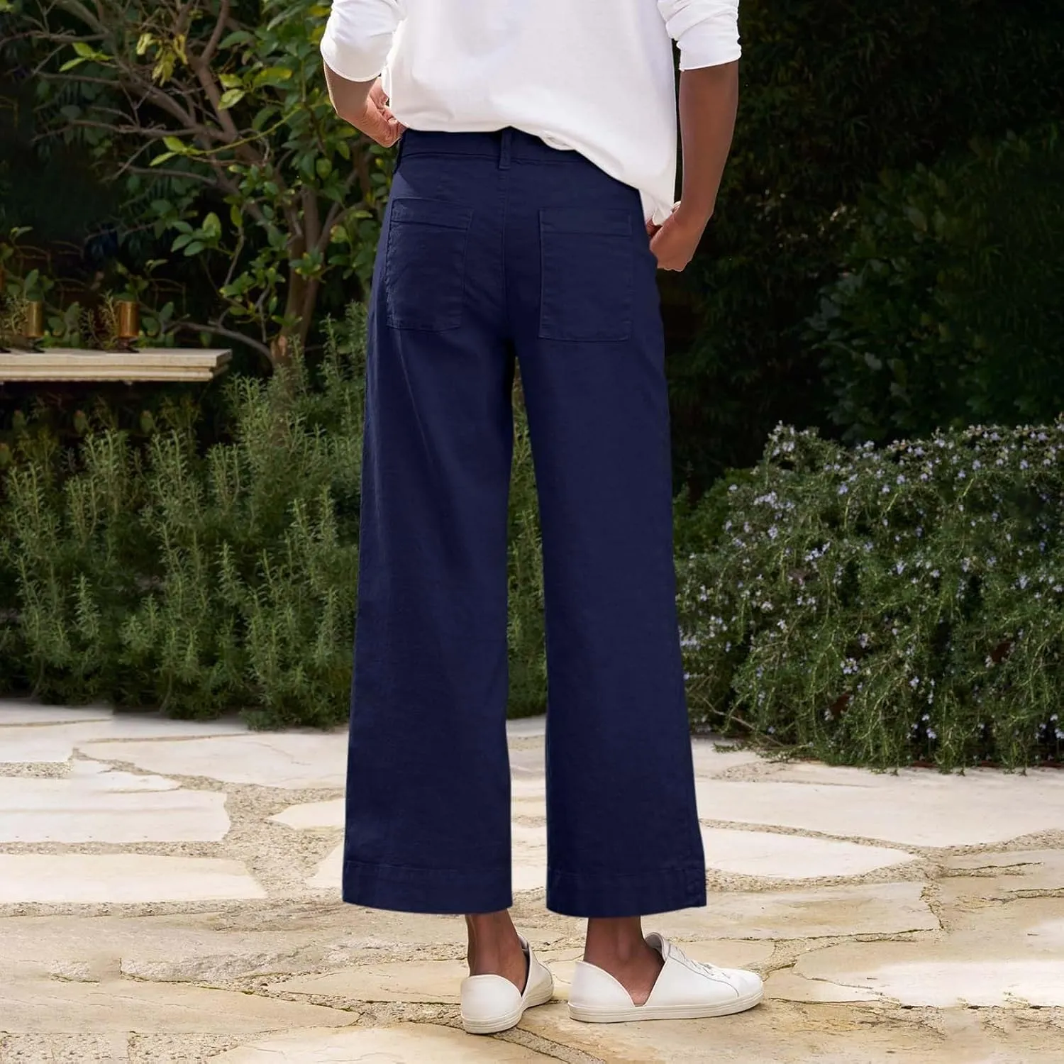 Womens Wide Leg Linen Pants Elastic High Waist Cropped Pants Summer Business Casual Work Pants with Pockets
