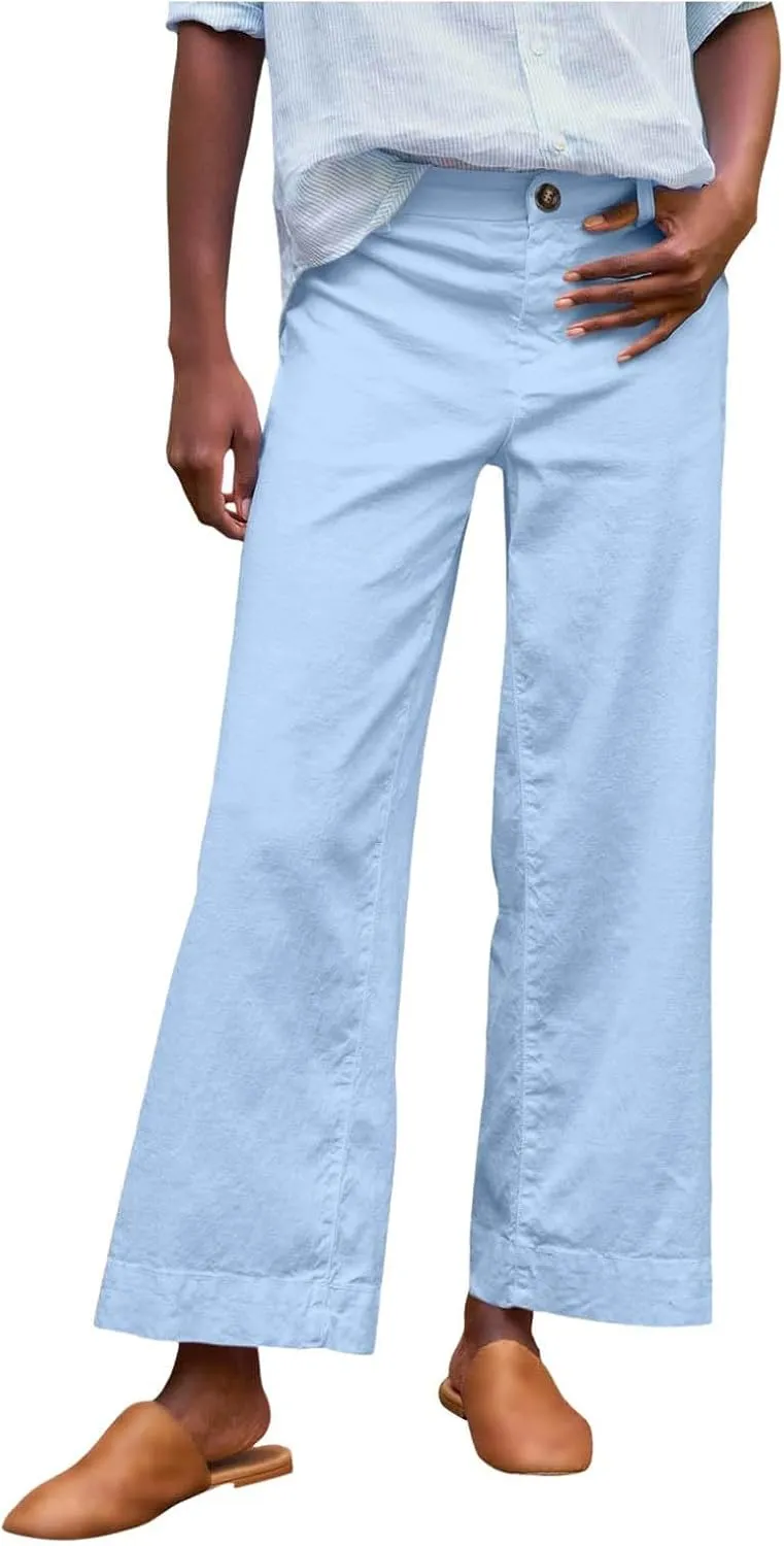 Womens Wide Leg Linen Pants Elastic High Waist Cropped Pants Summer Business Casual Work Pants with Pockets