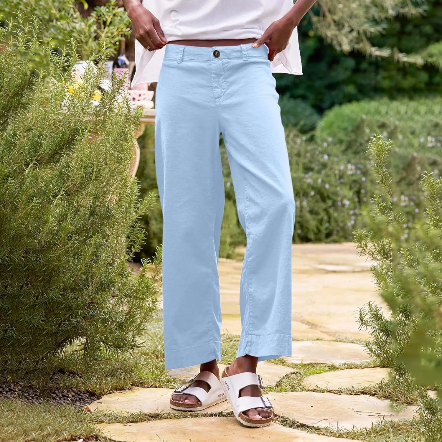 Womens Wide Leg Linen Pants Elastic High Waist Cropped Pants Summer Business Casual Work Pants with Pockets