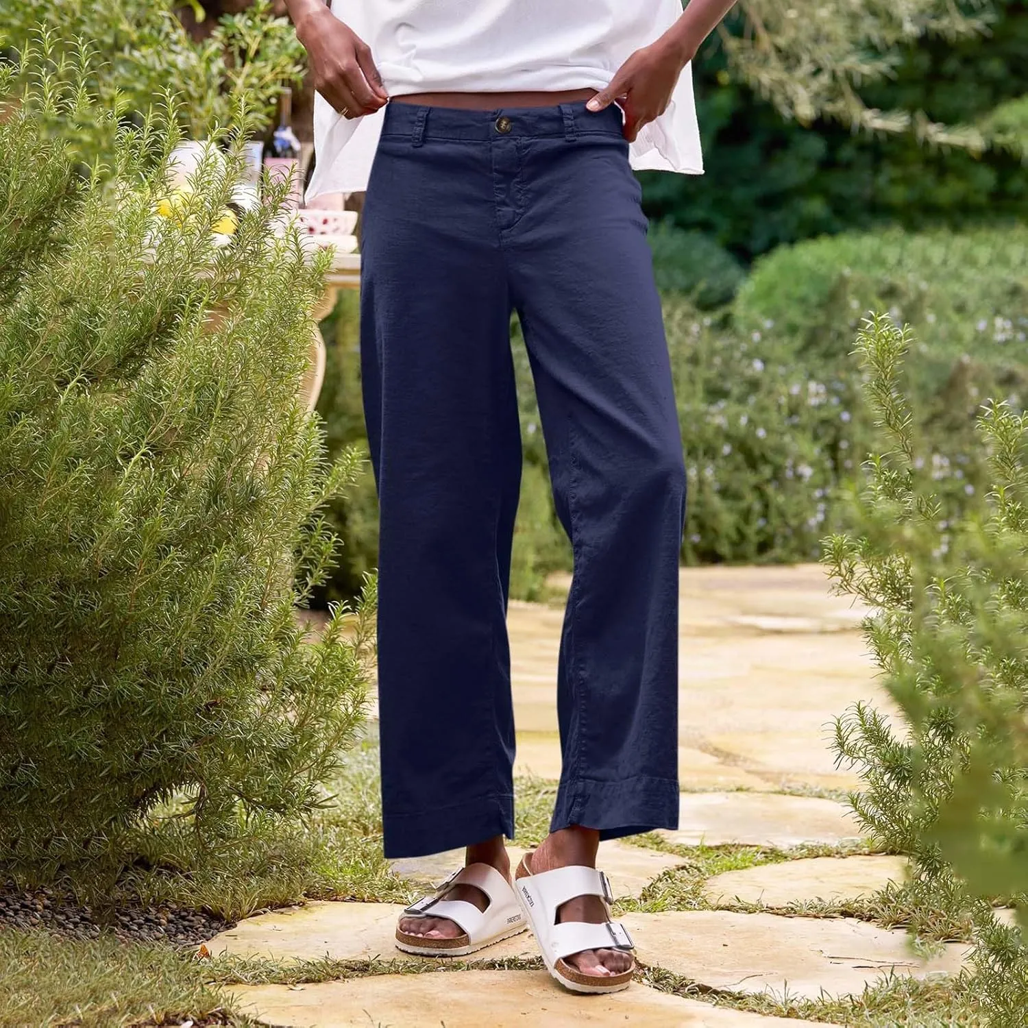 Womens Wide Leg Linen Pants Elastic High Waist Cropped Pants Summer Business Casual Work Pants with Pockets