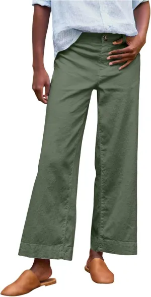 Womens Wide Leg Linen Pants Elastic High Waist Cropped Pants Summer Business Casual Work Pants with Pockets