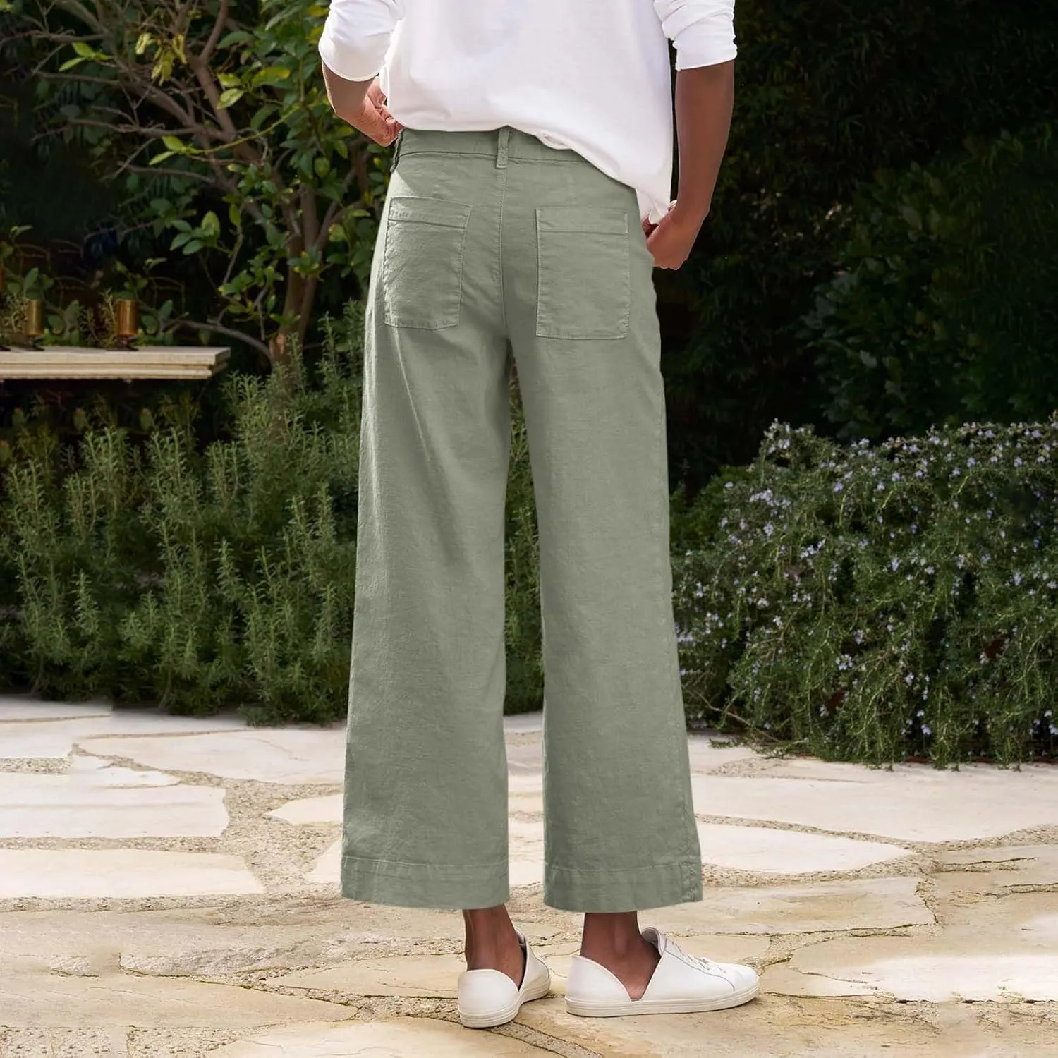 Womens Wide Leg Linen Pants Elastic High Waist Cropped Pants Summer Business Casual Work Pants with Pockets
