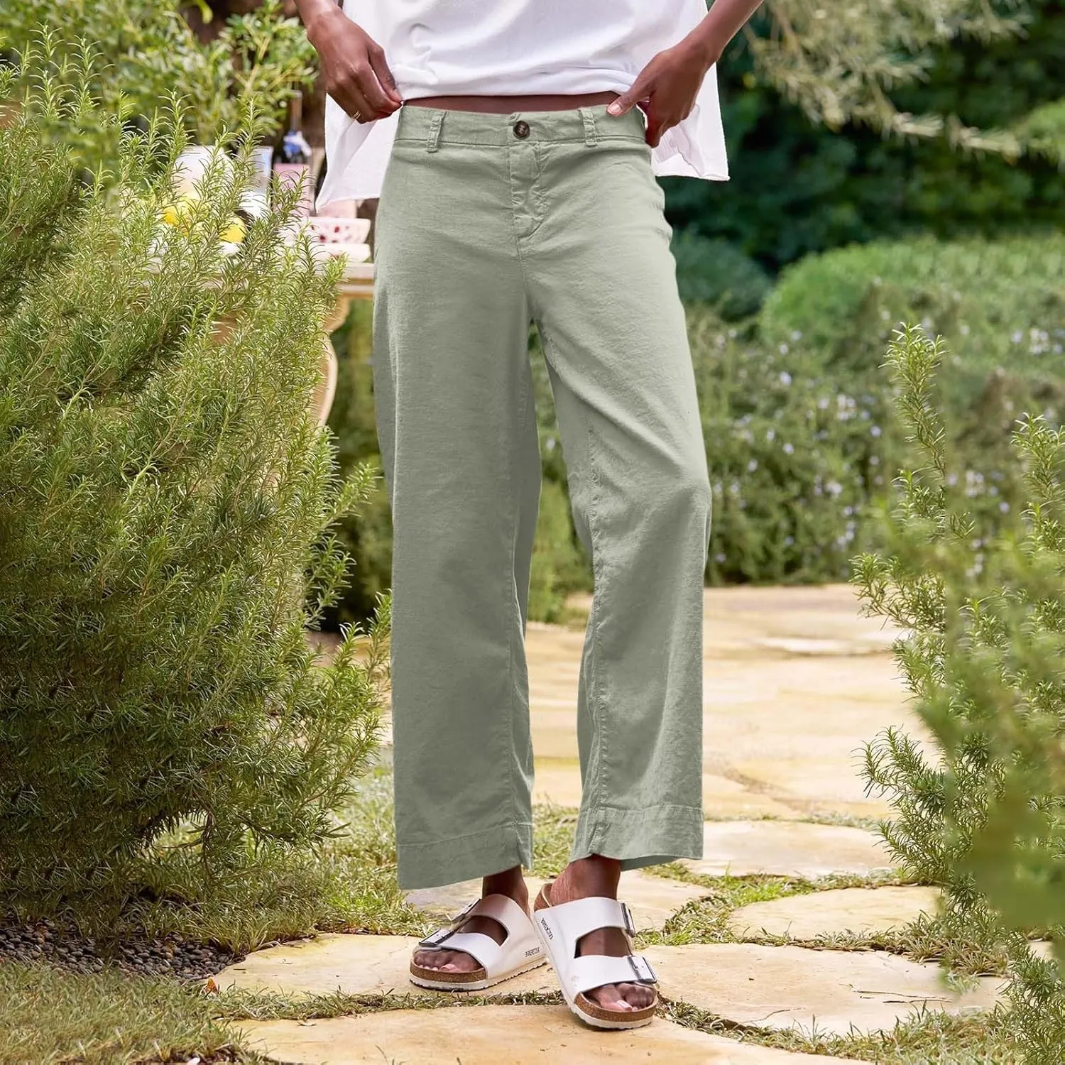 Womens Wide Leg Linen Pants Elastic High Waist Cropped Pants Summer Business Casual Work Pants with Pockets