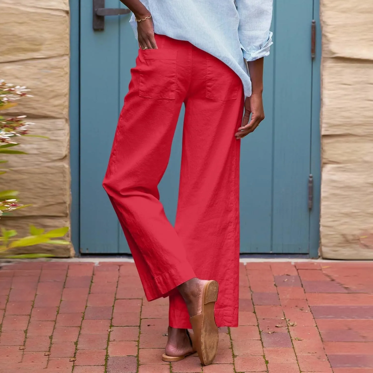 Womens Wide Leg Linen Pants Elastic High Waist Cropped Pants Summer Business Casual Work Pants with Pockets