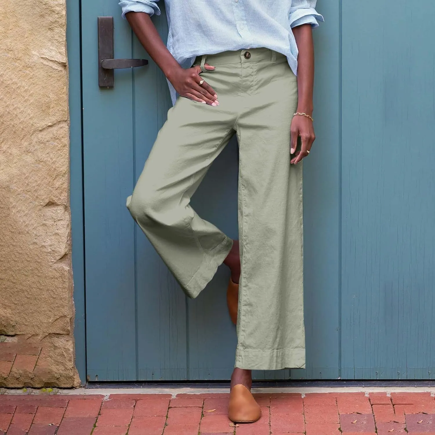 Womens Wide Leg Linen Pants Elastic High Waist Cropped Pants Summer Business Casual Work Pants with Pockets