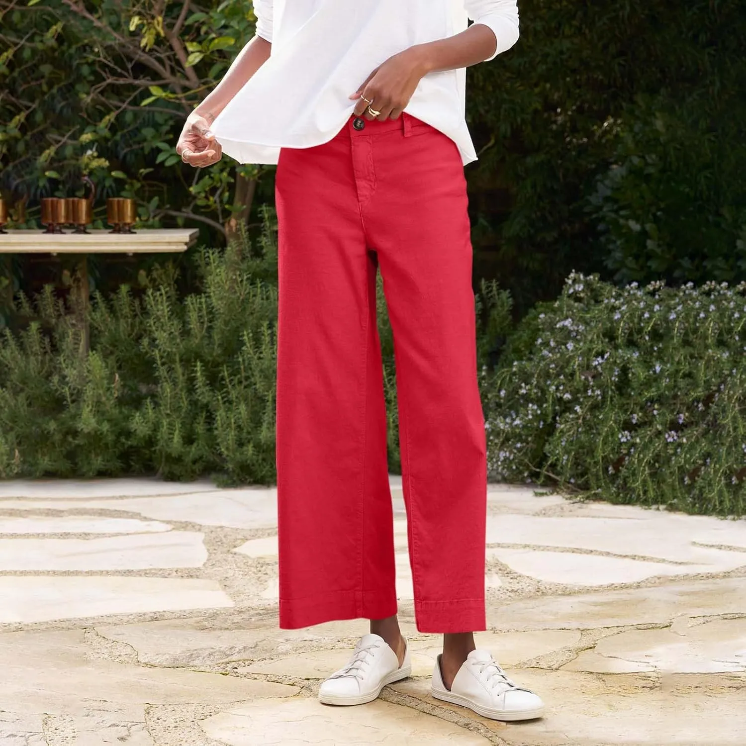 Womens Wide Leg Linen Pants Elastic High Waist Cropped Pants Summer Business Casual Work Pants with Pockets