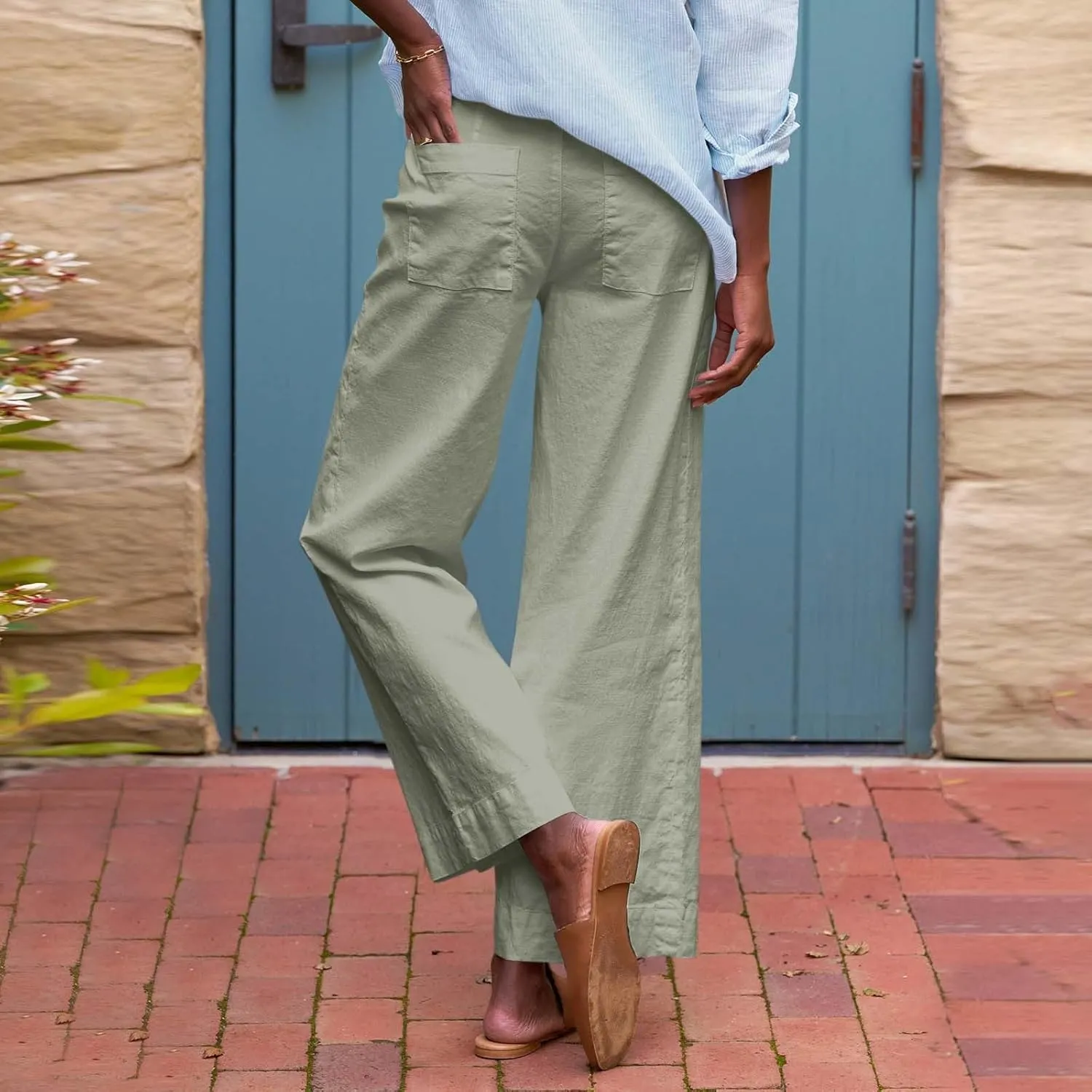 Womens Wide Leg Linen Pants Elastic High Waist Cropped Pants Summer Business Casual Work Pants with Pockets