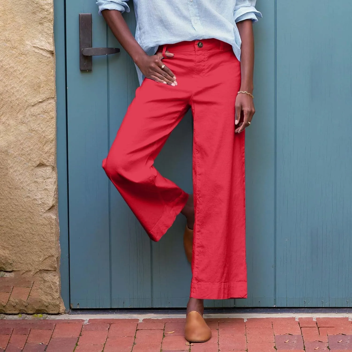 Womens Wide Leg Linen Pants Elastic High Waist Cropped Pants Summer Business Casual Work Pants with Pockets