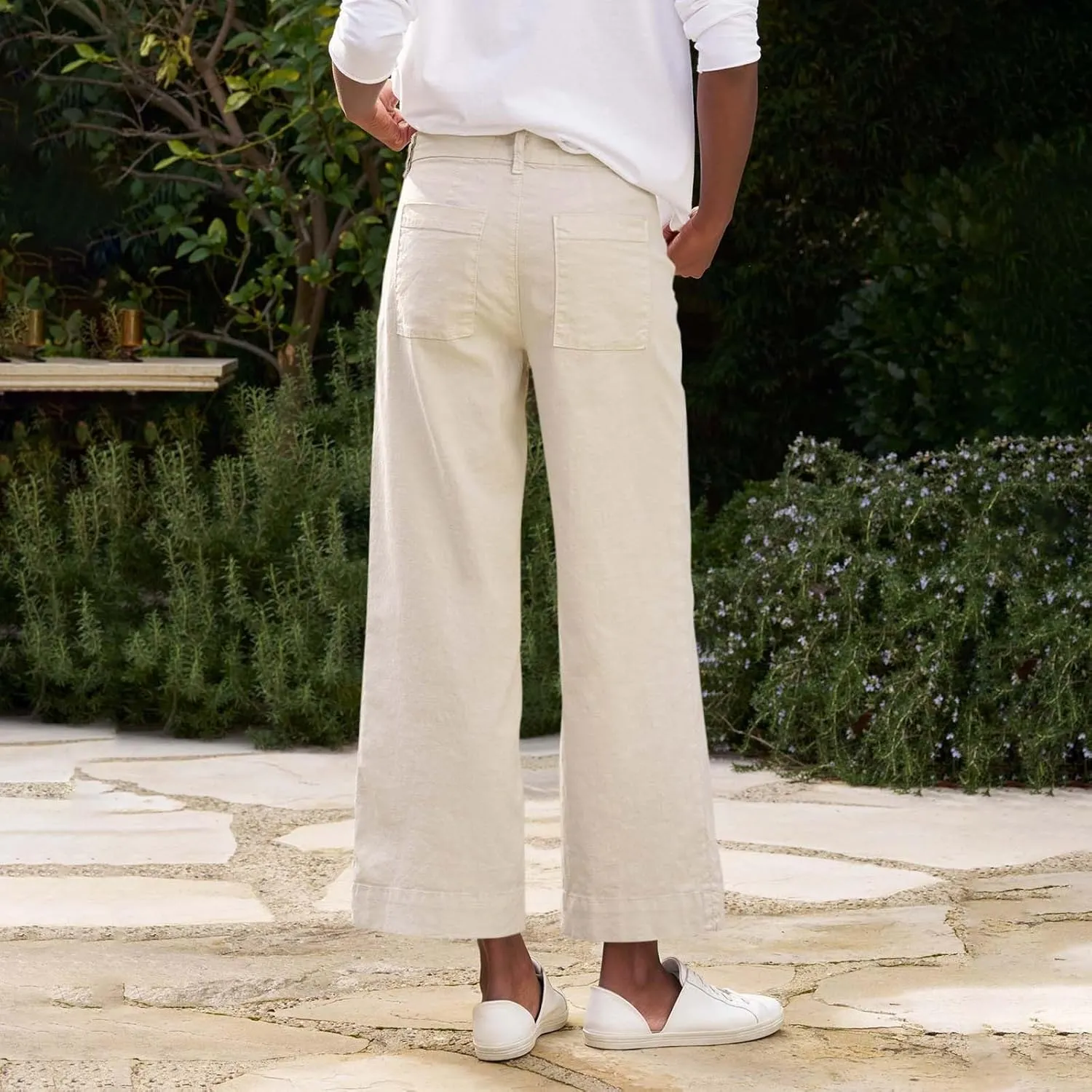 Womens Wide Leg Linen Pants Elastic High Waist Cropped Pants Summer Business Casual Work Pants with Pockets