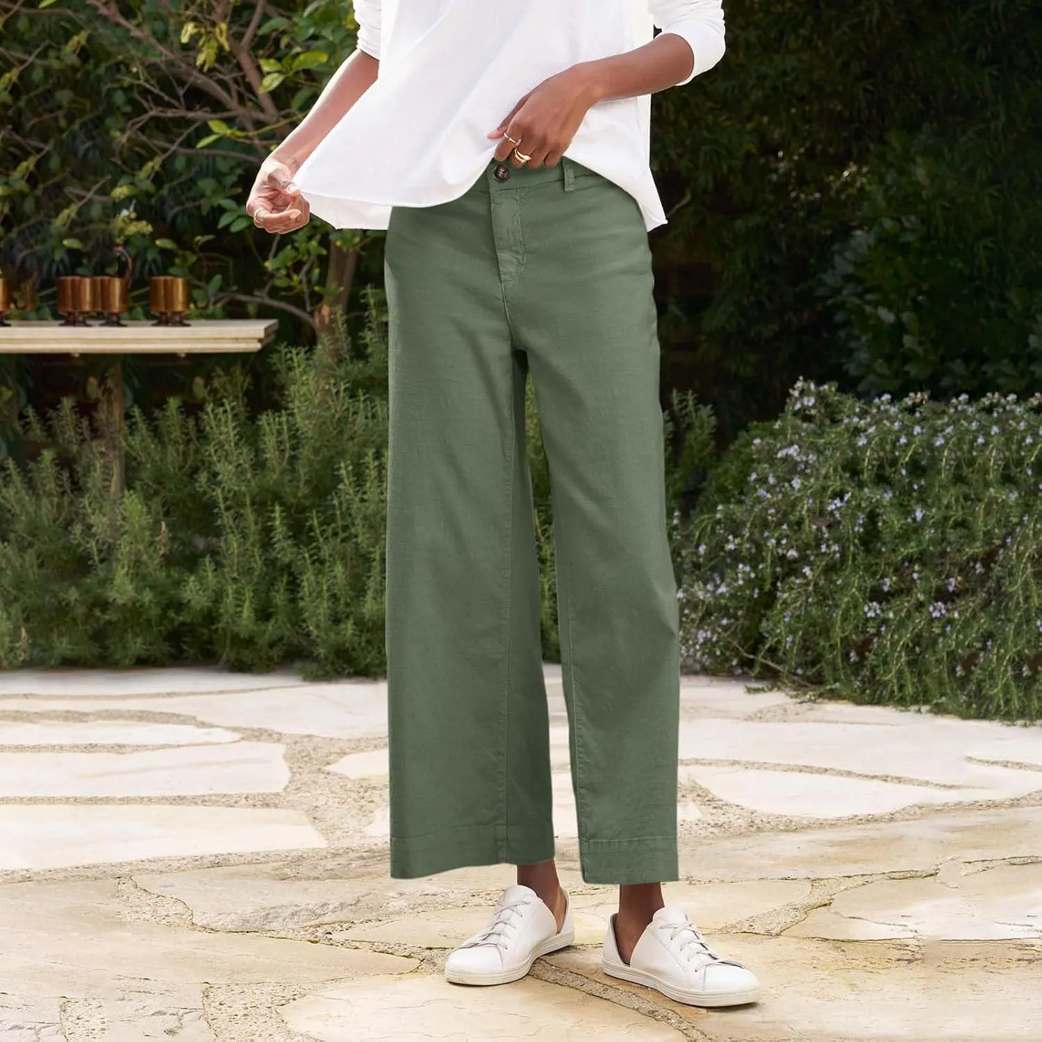 Womens Wide Leg Linen Pants Elastic High Waist Cropped Pants Summer Business Casual Work Pants with Pockets