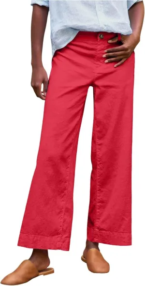 Womens Wide Leg Linen Pants Elastic High Waist Cropped Pants Summer Business Casual Work Pants with Pockets