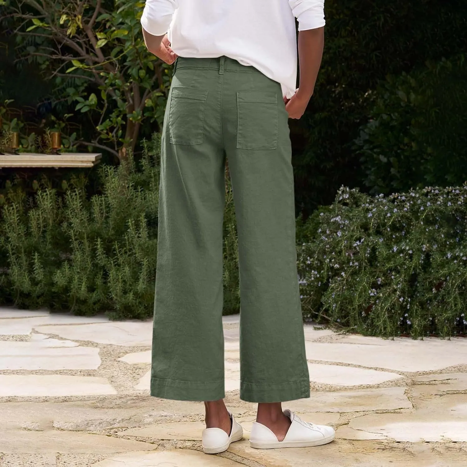 Womens Wide Leg Linen Pants Elastic High Waist Cropped Pants Summer Business Casual Work Pants with Pockets
