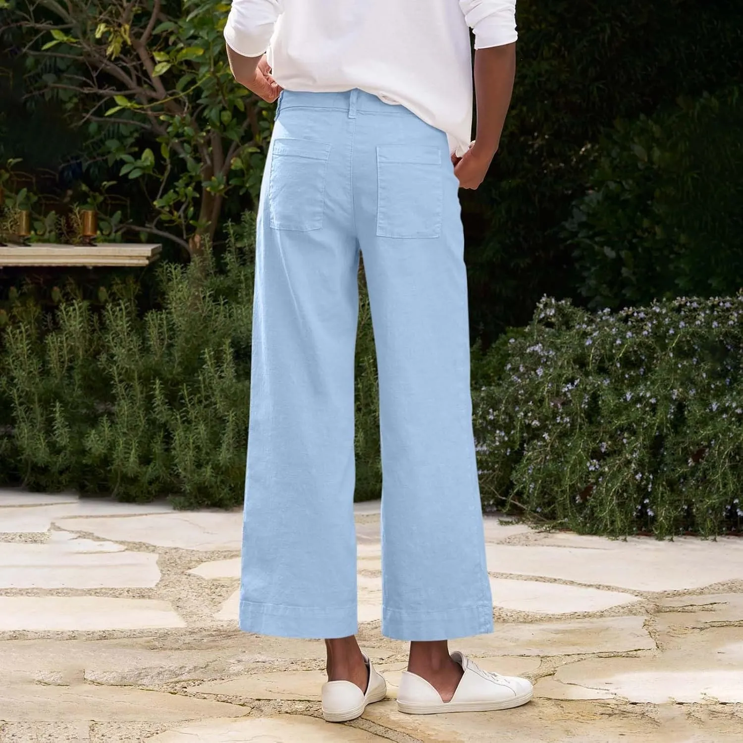 Womens Wide Leg Linen Pants Elastic High Waist Cropped Pants Summer Business Casual Work Pants with Pockets