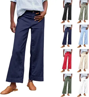 Womens Wide Leg Linen Pants Elastic High Waist Cropped Pants Summer Business Casual Work Pants with Pockets